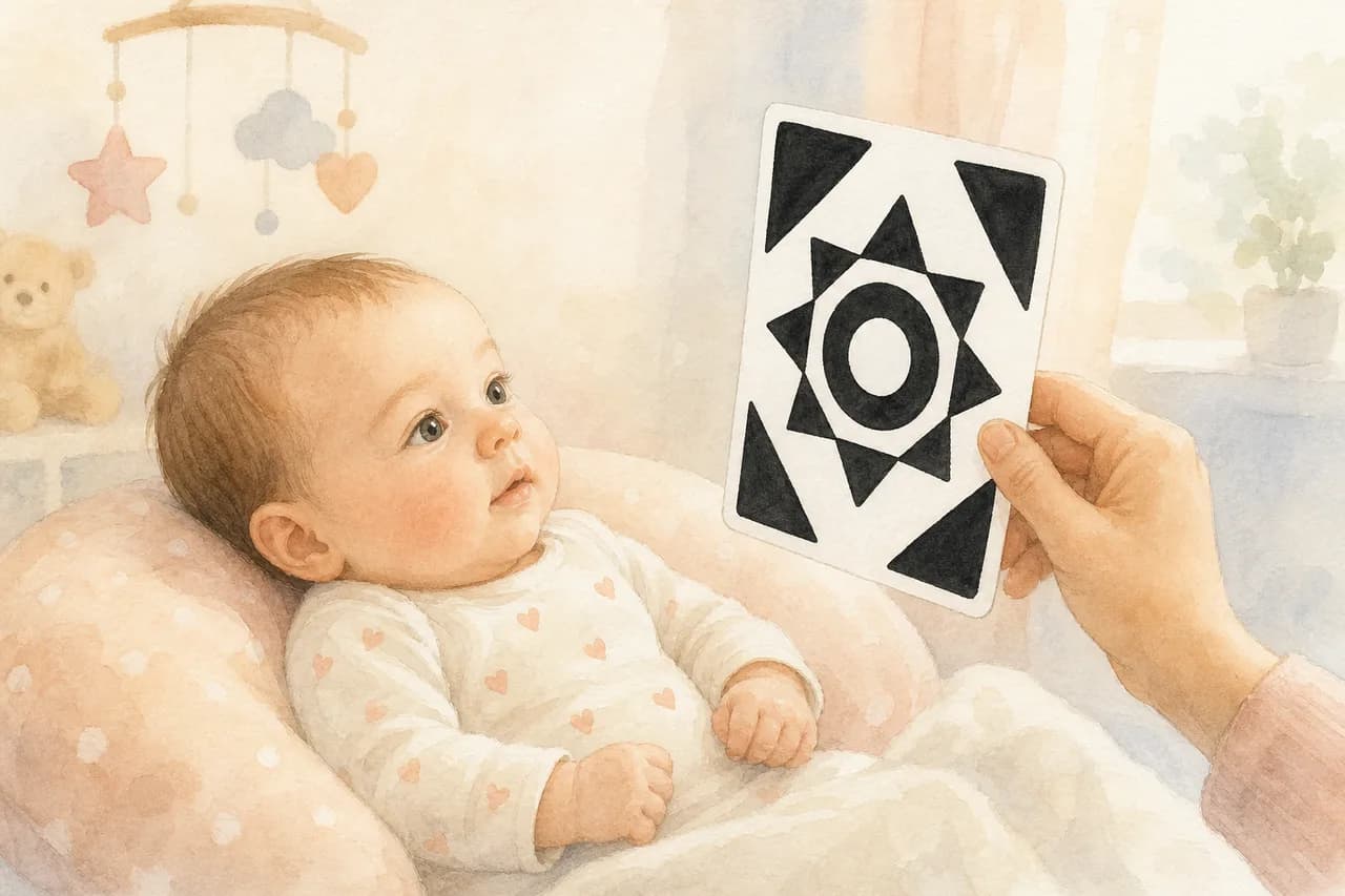 아기가 촉감책과 흑백 초점책을 만지며 노는 모습을 그린 부드러운 수채화 일러스트