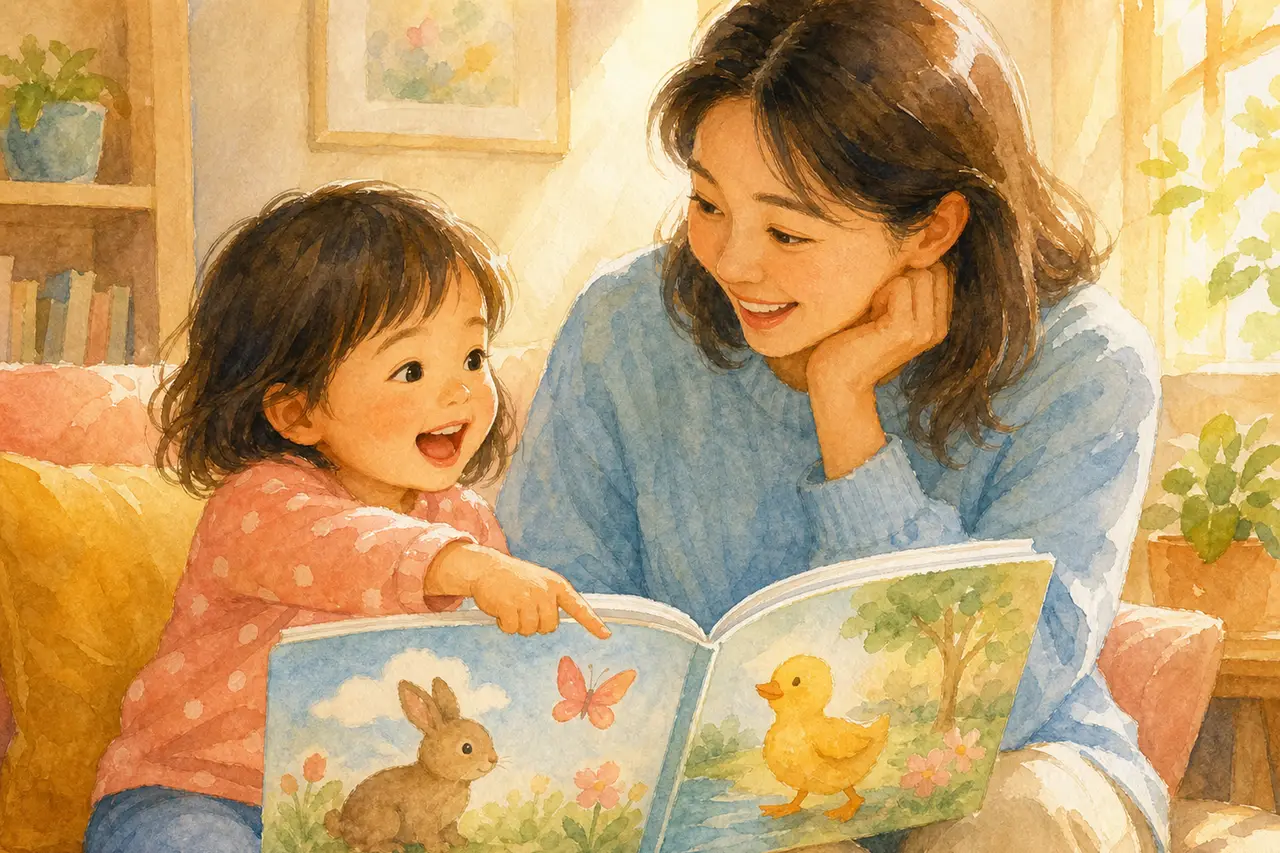 4~5세 아이가 보호자와 그림책을 보며 다음 장면을 이야기하는 수채화 일러스트