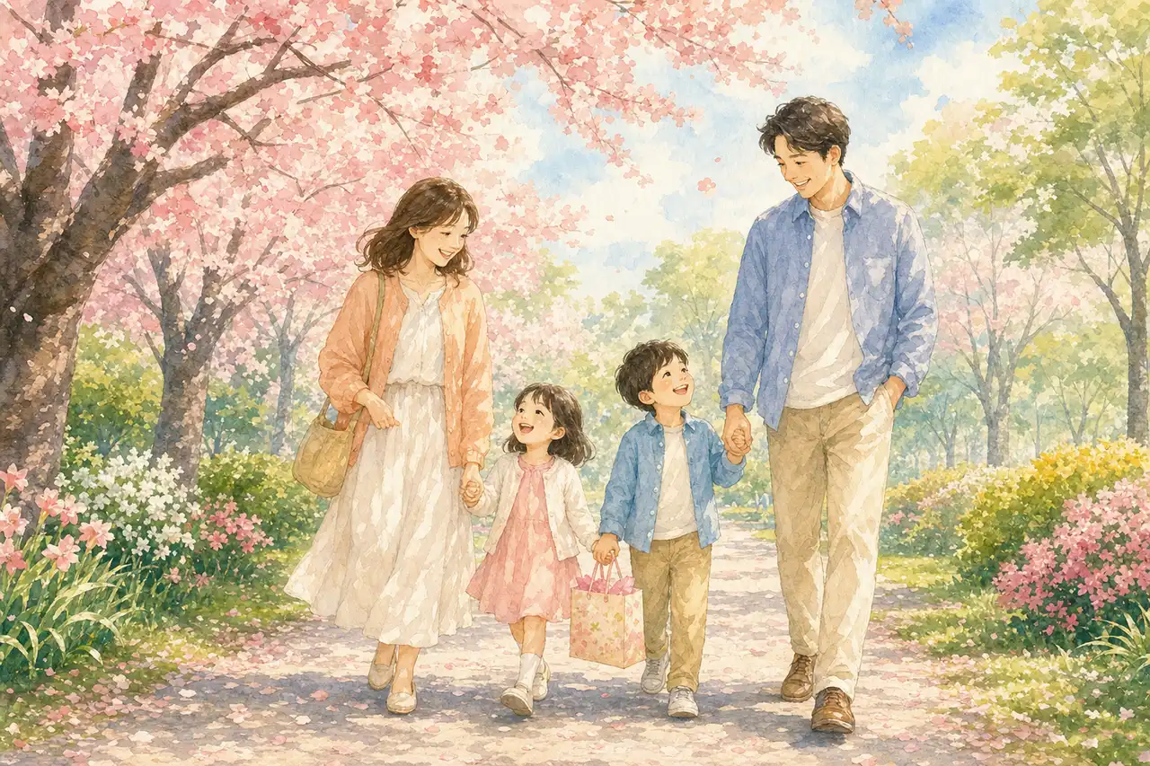 어린이날 선물 상자를 앞에 두고 기대에 찬 표정으로 앉아 있는 아이의 수채화 일러스트