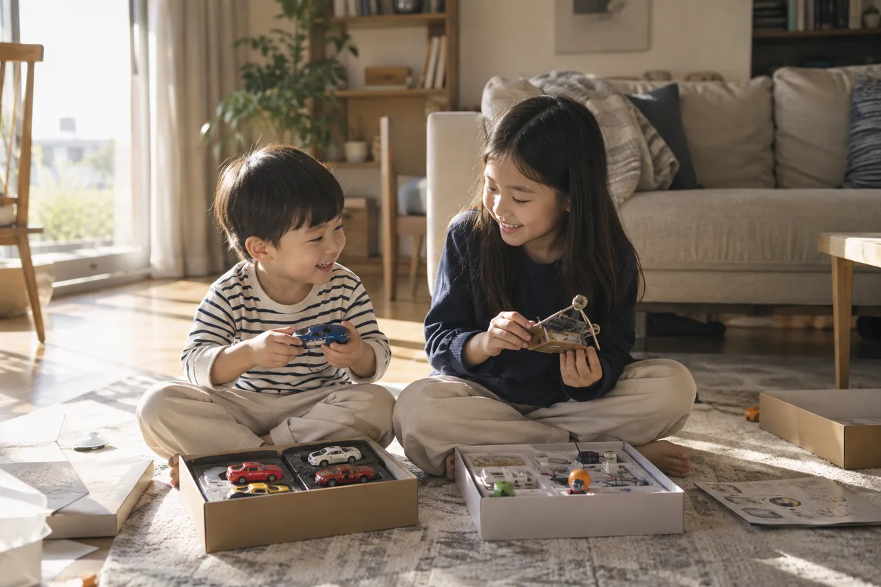 서로 다른 관심사를 반영한 어린이날 선물을 받은 형제가 함께 살펴보는 모습