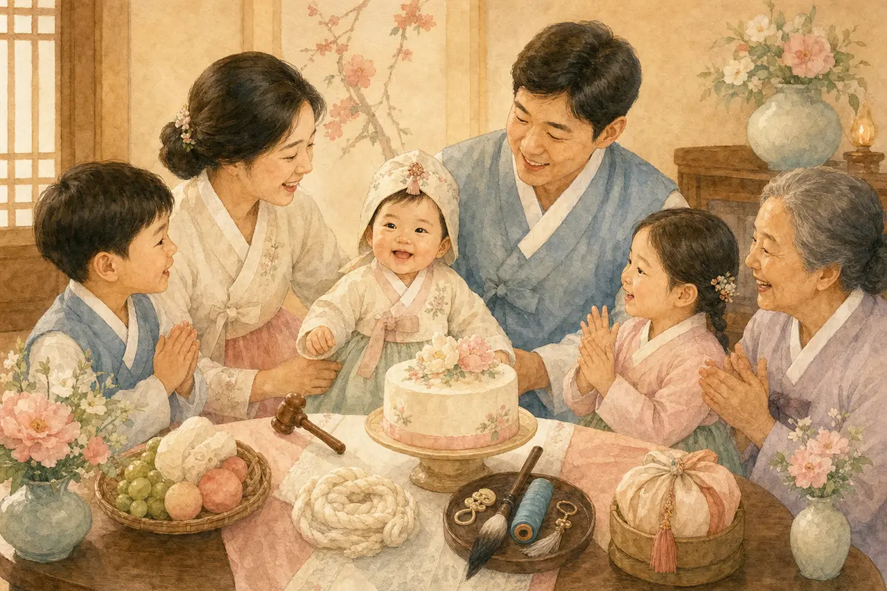 돌잔치 선물로 준비한 금반지, 원목 장난감, 맞춤 동화책을 나란히 놓은 수채화 일러스트