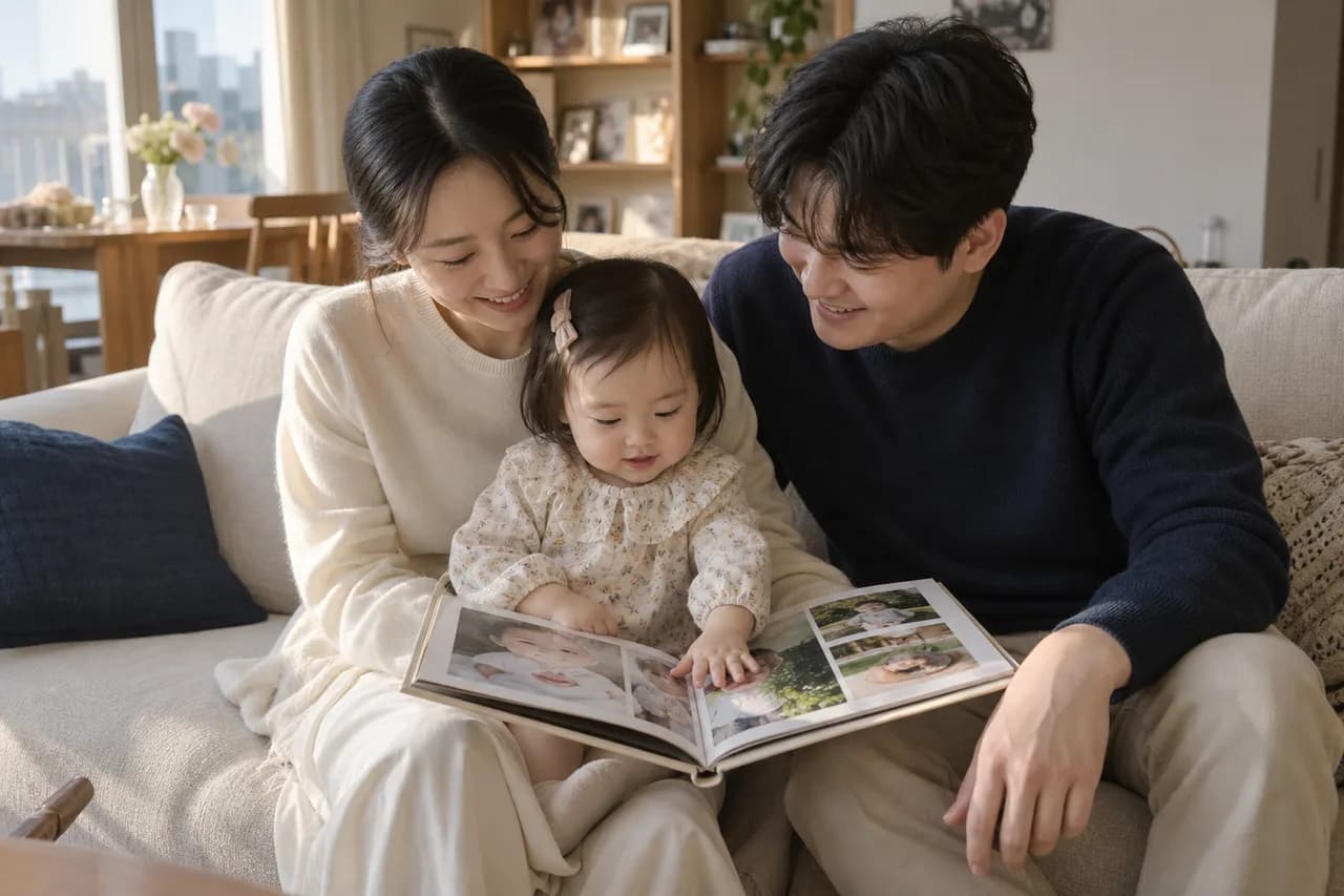첫돌을 지난 아이가 가족과 함께 한 해의 기록책을 펼쳐보는 모습