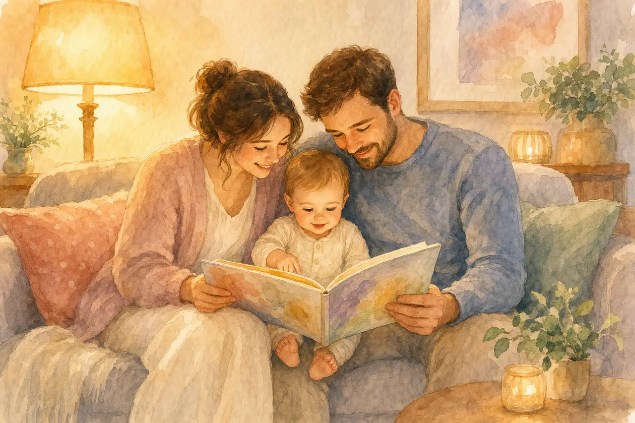 첫돌을 맞은 아기가 가족과 함께 자신이 주인공인 동화책을 펼쳐보는 따뜻한 수채화 장면