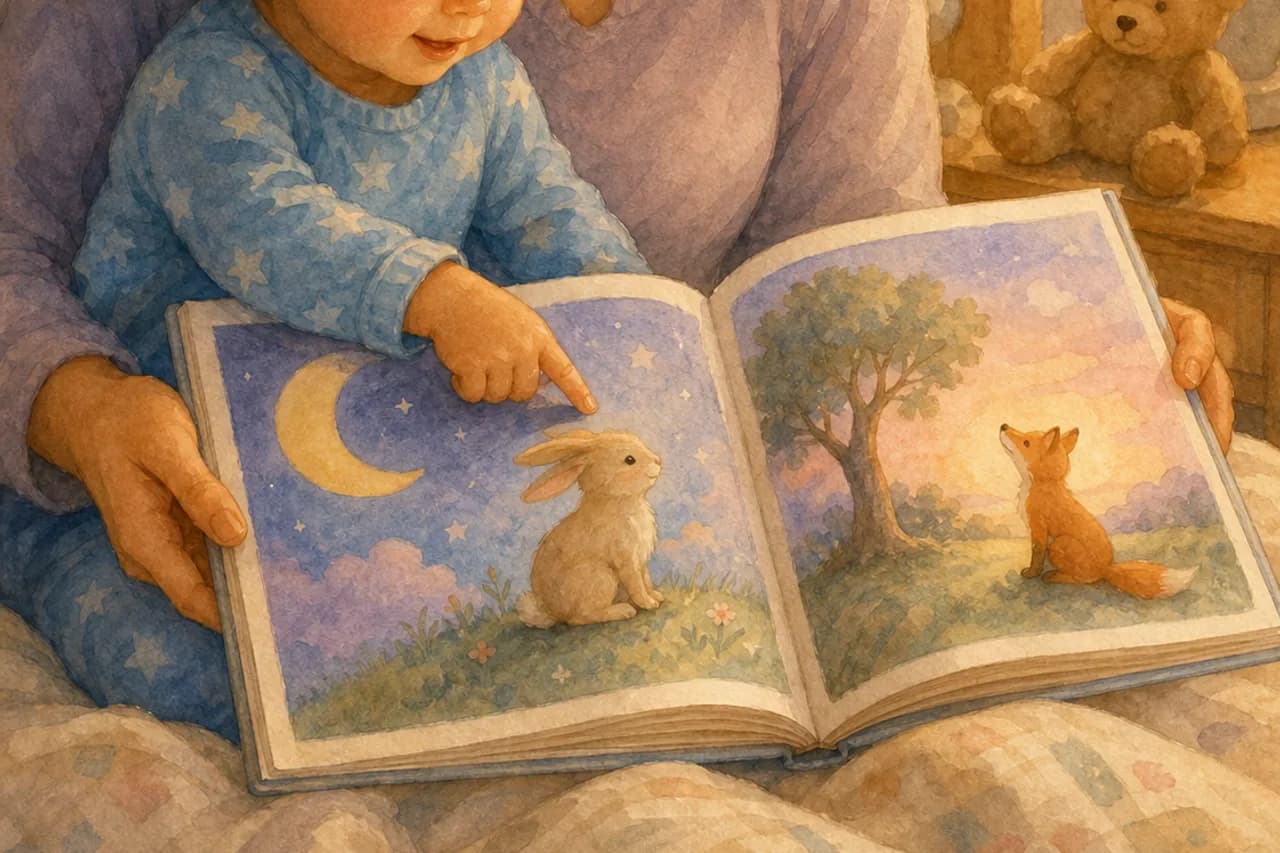 직접 만든 손그림 동화책과 완성형 맞춤 동화책을 나란히 펼쳐 비교하는 수채화 일러스트