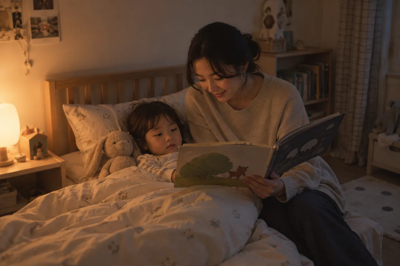 조명을 낮춘 방에서 보호자가 아이에게 잠자리 책을 읽어주는 모습