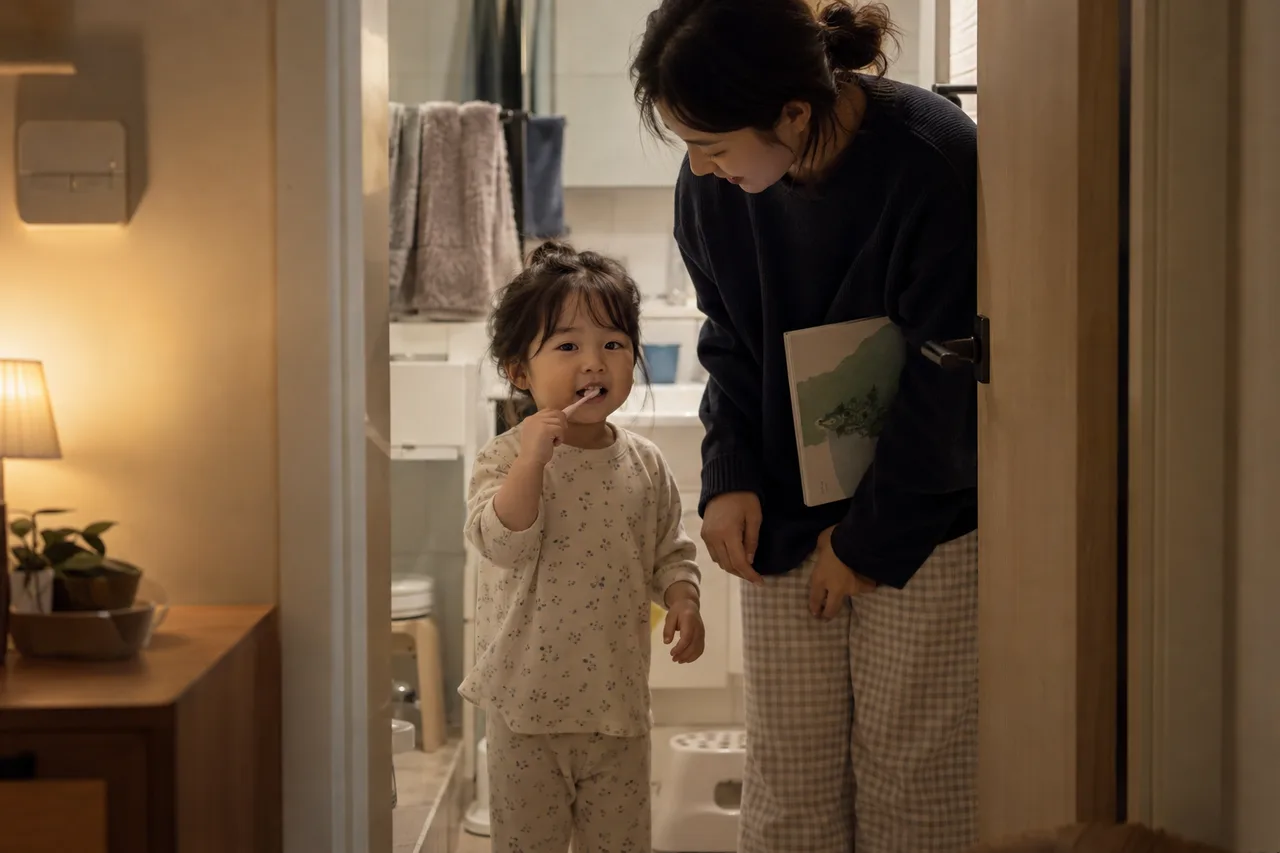 아이와 보호자가 잠자리 전에 양치와 책 읽기를 차례대로 준비하는 모습