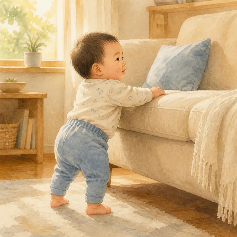 소파를 잡고 일어선 아기 (예시 일러스트)